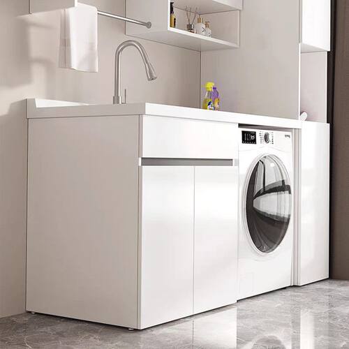 阳台洗衣柜一体台盆卫生间浴室柜洗衣池槽带搓板滚筒洗衣机柜伴侣 - 图0