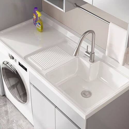 阳台洗衣柜一体台盆卫生间浴室柜洗衣池槽带搓板滚筒洗衣机柜伴侣 - 图2