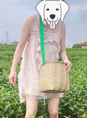 竹编采摘篮子捡菌篮子摘草莓樱桃篮子筐子竹篓采茶篓斜跨摘蘑菇篮