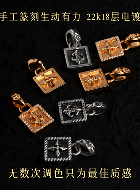 端克罗心潮方形十字童军花吊坠项链925银镀22K金钻方块潮流送人