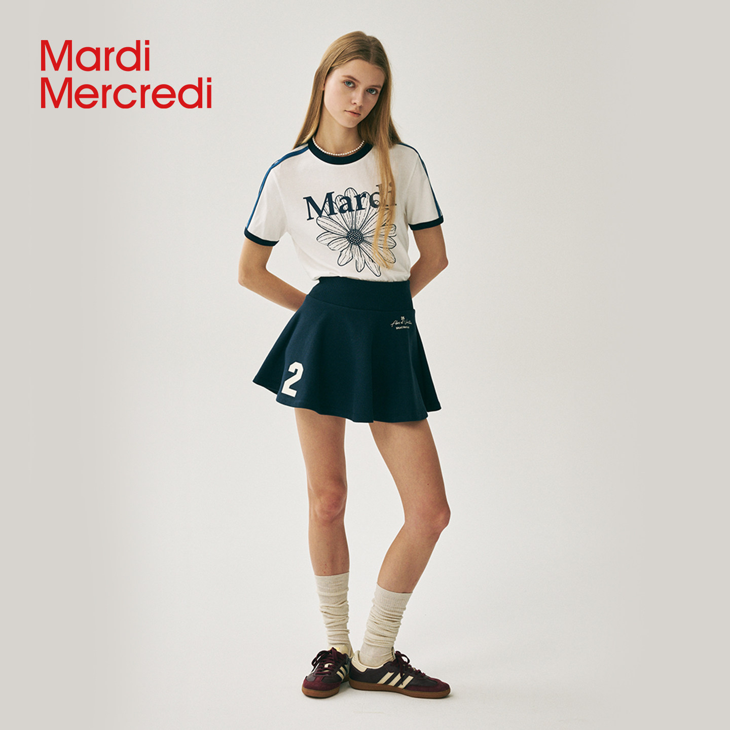 MardiMercredi拼色小雏菊插肩短袖T恤正肩上衣女美式复古夏季新款