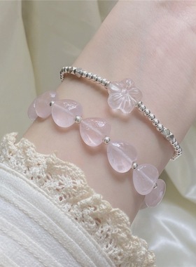 新款心响事成桃花粉晶爱心铃铛串珠925银手链女闺蜜小众精致夏批