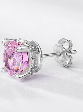 S925银镀18K金耳钉樱花粉钻冰花切8*8实验室培育宝石高碳钻女耳饰