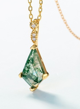 几何天然水草玛瑙吊坠S925银镀18K金镶彩宝宝石绿苔藓石项坠