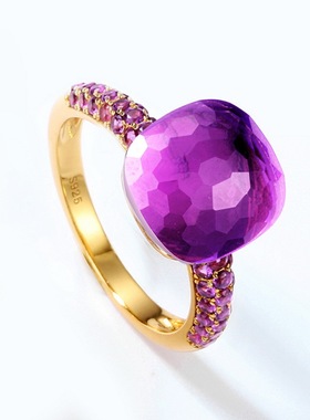 时尚轻奢多色糖果戒指S925银镀18K金镶彩宝宝石指戒法式小众设计