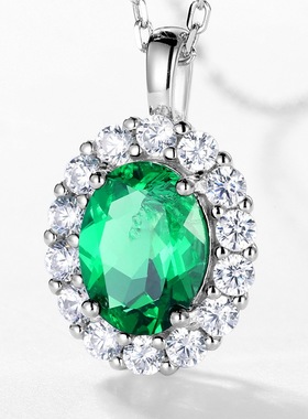 S925银镀18K金培育祖母绿吊坠女复古欧美风彩宝宝石项链