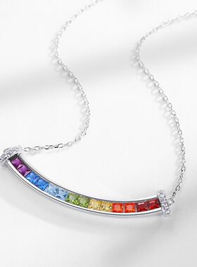微笑彩虹锆石项链女S925银镀18K金PT950铂金彩色宝石简约锁骨链