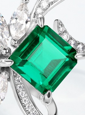 新品培育祖母绿戒指S925银镀18K金PT950铂金马眼镶培育彩宝食指戒