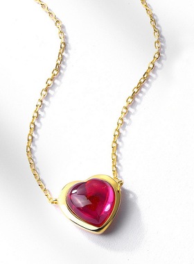 粉红糖果爱心彩宝项链女S925银镀18K金镶红刚玉锁骨链时尚百搭