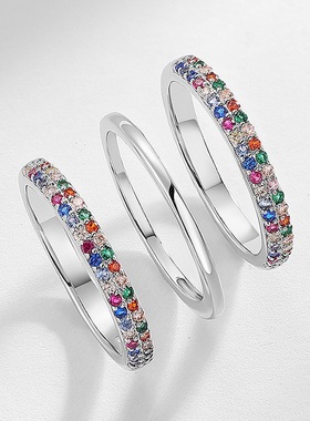 新款双排彩锆叠戴戒指女S925银镀18K金镶彩宝宝石戒指胸针两戴风