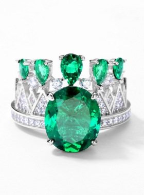 S925银镀18K金镶嵌彩宝宝石培育祖母绿戒指培育彩宝轻奢高级指戒