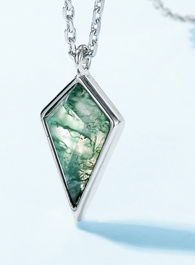 天然几何绿苔藓石项链S925银镀18K金包镶水草玛瑙锁骨链吊坠