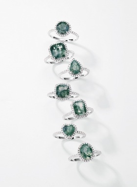 天然水草玛瑙戒指S925银镀18K金PT950铂金镶绿苔藓石手饰个性简约