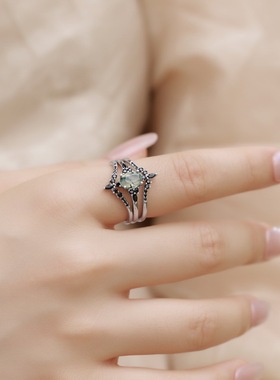 轻奢时尚几何三件套戒指S925银镀18K金PT950铂金水草玛瑙组合戒女