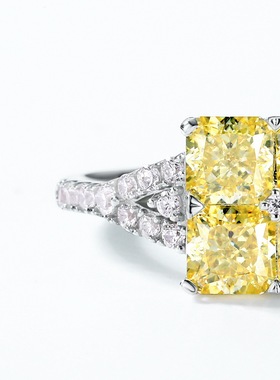 S925银镀18K金镶嵌彩宝宝石鹅黄高碳钻戒指女冰花切爆闪黄钻指戒