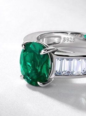 新款轻奢鸽子蛋培育祖母绿戒指S925银镀18K金镶培育彩宝宝石钻戒