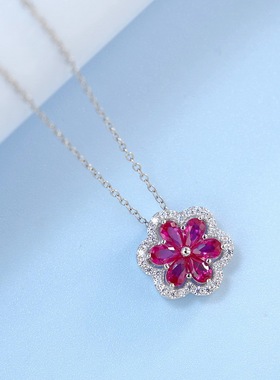 新款个性时尚花瓣培育红宝项链女S925银镀18K金PT950铂金锁骨链