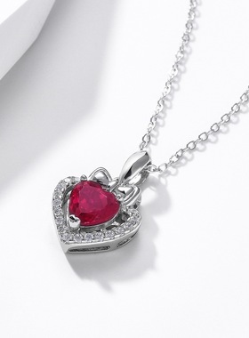 新款轻奢绝美培育红宝爱心项链女S925银镀18K金镶彩宝宝石锁骨链