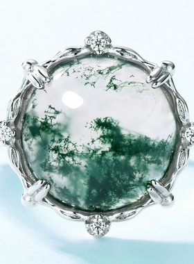 魅力水草玛瑙戒指S925银镀18K金镶嵌彩宝宝石天然绿苔藓时尚指戒