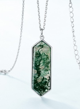 新款天然绿苔藓石锁骨链女S925银镀18K金镶彩宝宝石水草玛瑙项链