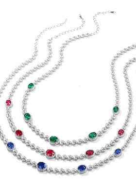 S925银镀18K金镶嵌彩宝宝石项链女红蓝色冰花切高碳钻首饰时尚