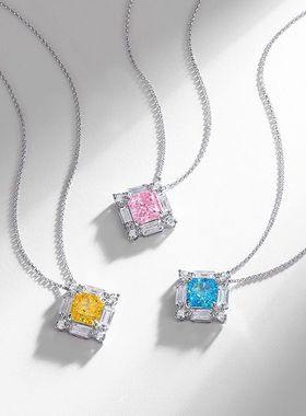 高碳钻项链S925银镀18K金镶嵌彩宝宝石正方形冰花切时尚黄钻颈饰
