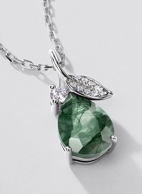 天然绿苔藓吊坠S925银镀18K金PT950铂金水滴水草玛瑙简约百搭轻奢