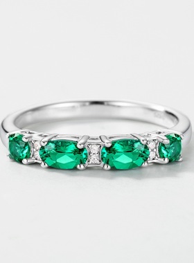 简约个性培育祖母绿单排戒指S925银镀18K金PT950铂金食指戒