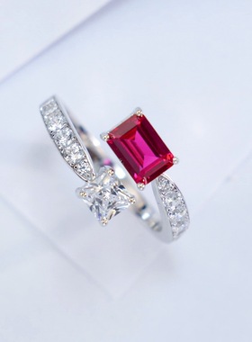 新款培育红宝戒指S925银镀18K金PT950铂金培育祖母绿彩宝双钻指戒