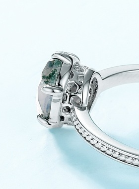 天然水草玛瑙戒指S925银镀18K金PT950铂金六爪镶绿苔藓石开口戒