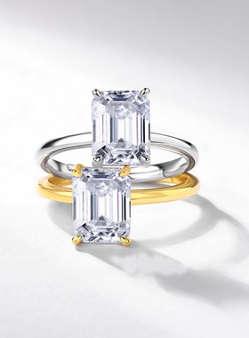 欧美新款直方八角璀璨莫桑石戒指S925银镀18K金镶嵌彩宝宝石指戒