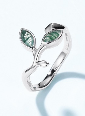 橄榄枝绿苔藓石彩宝宝石戒指女S925银镀18K金镶水草玛瑙指戒饰品