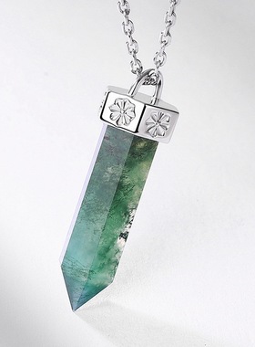 柱绿苔藓石吊坠项链S925银镀18K金镶彩宝宝石天水草玛瑙锁骨链