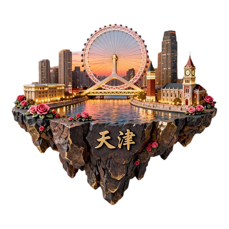 中国天津地标建筑金属冰箱贴浮雕磁吸装饰贴文创旅游纪念品玫瑰花
