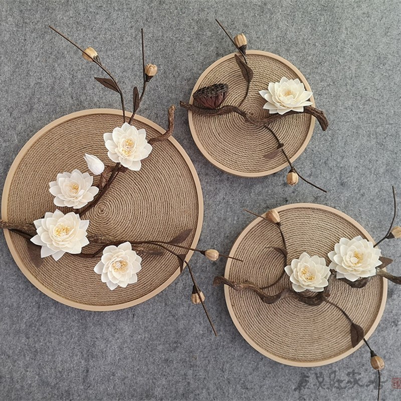 1P2R睡莲清韵麻绳圆形s装饰画禅意新中式家居壁饰挂件干花玄关墙 - 图1