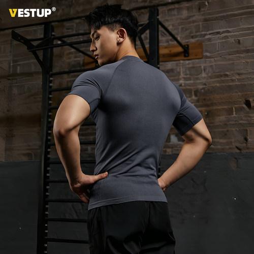 Vest Up美式修身无缝健身运动短袖上衣男纹理感高弹抗皱紧身衣t恤 - 图1