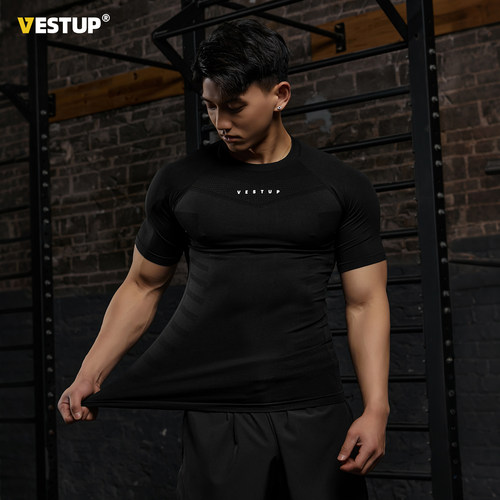 Vest Up美式修身无缝健身运动短袖上衣男纹理感高弹抗皱紧身衣t恤 - 图2