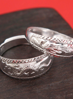 999纯银情侣戒指开口戒一对男女银饰龙凤对戒指环情人节礼物刻字