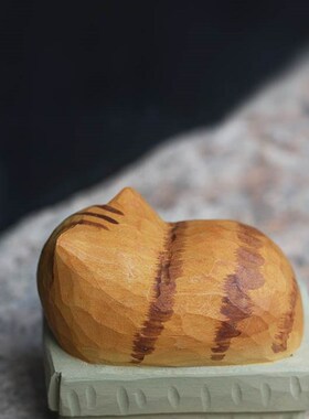 鹿妖商店 纸箱猫 求收养 橘猫 猫咪纯手工木雕 R实木桌面摆件 礼