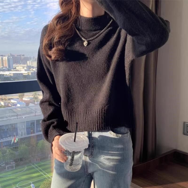 米白色半高领软糯短款毛衣女秋冬新款大衣内搭Q加厚长袖针织打底,淘宝优惠券,粉丝福利购,淘宝优惠卷