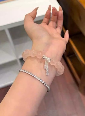 适用天然粉水晶爱情莫粉手链女款粉晶手串女小众高级月老大a2167