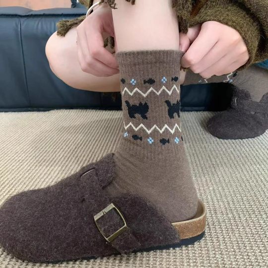 秋冬保暖加厚民族风费尔岛袜子女新款堆堆袜中筒袜ins风百搭袜