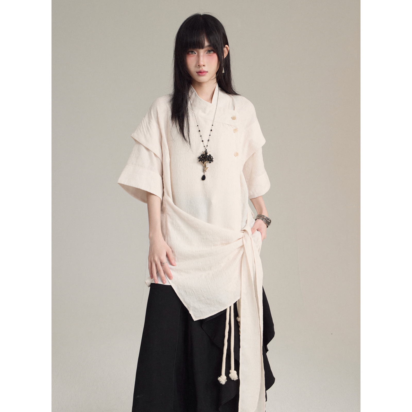 FG721 原创小众设计感短袖衬衫山本耀司新中式绑带衬衣假两件上衣 - 图1