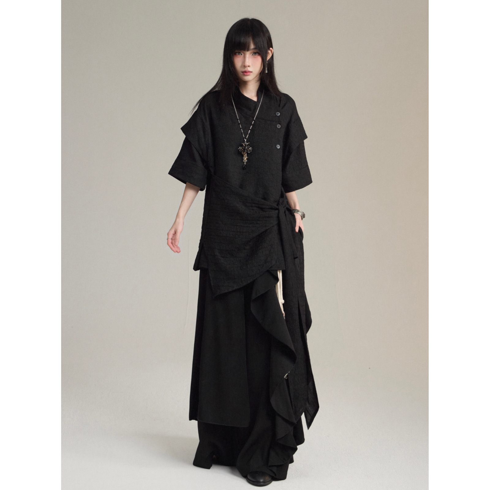 FG721 原创小众设计感短袖衬衫山本耀司新中式绑带衬衣假两件上衣 - 图3