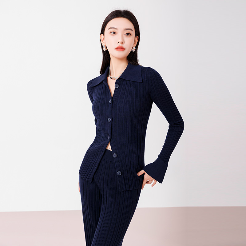 奕辰春季新款休闲针织开衫气质通勤翻领坑条纹上衣女eahchanie