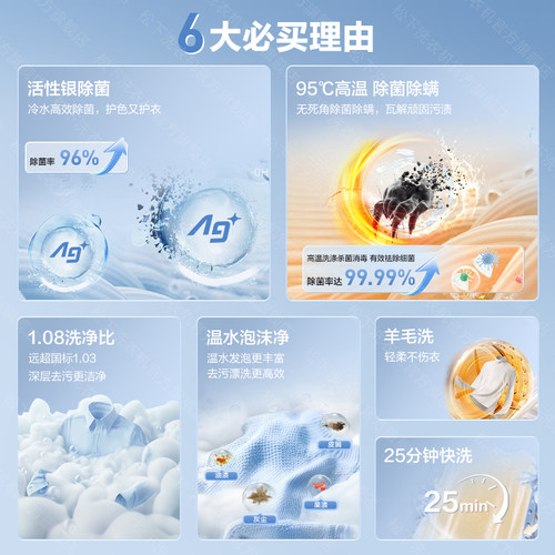 松下白月光超薄10KG滚筒洗衣机全自动高温除菌除螨3N18E官方正品 - 图0