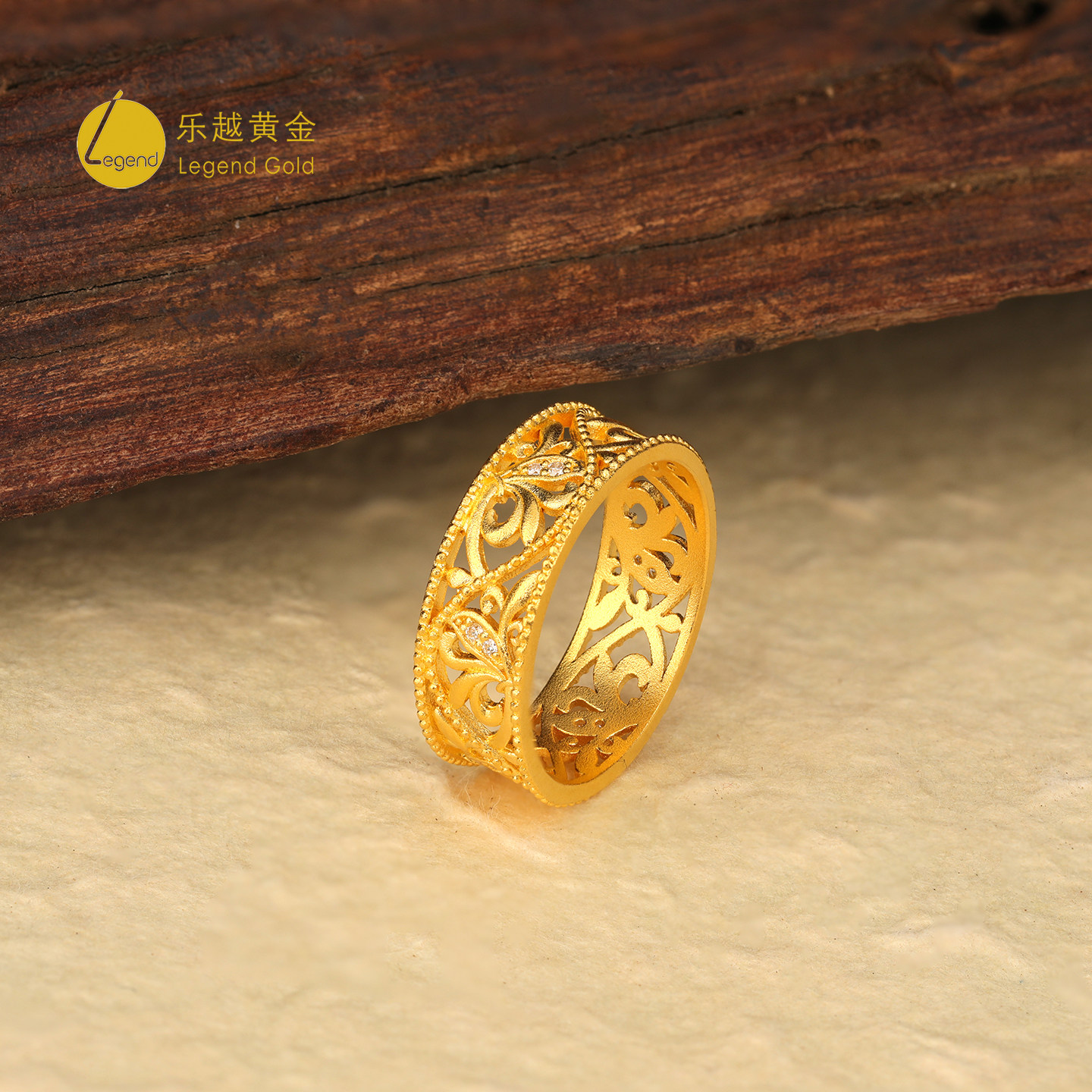 乐越黄金古法镶嵌真钻花时喜事戒指足金999设计款精致指环
