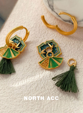 耳环绿色流苏扇子NORTHACC复古