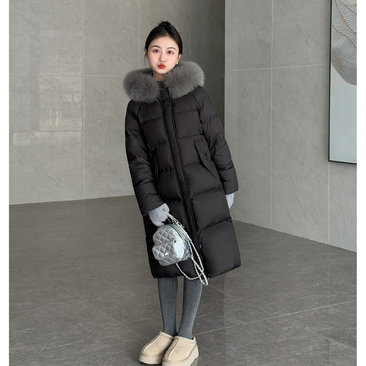 【苏格兰情书】小娜椒小个子连帽狐狸毛领蓬松保暖长款羽绒服女