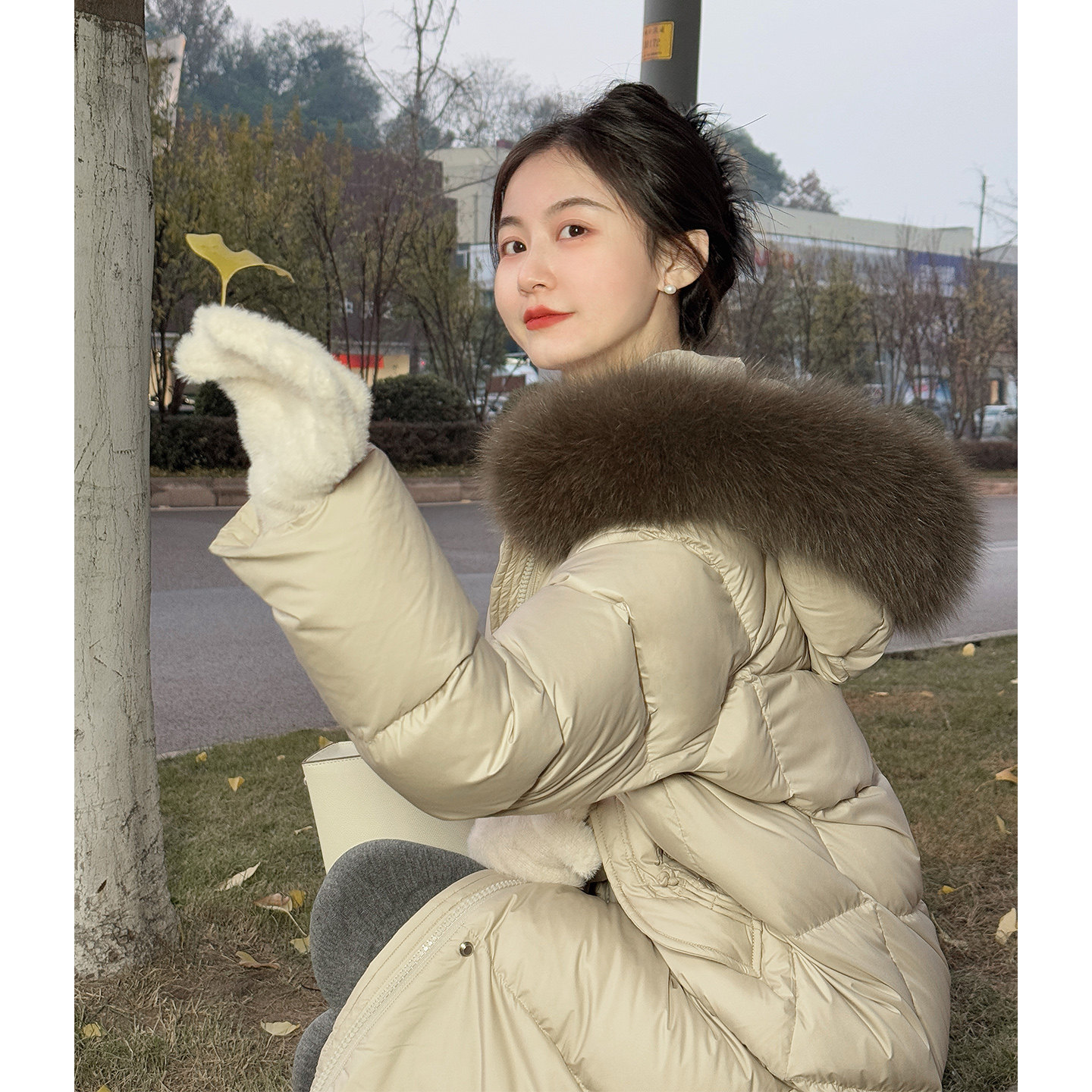 【苏格兰情书】小娜椒小个子连帽狐狸毛领蓬松保暖长款羽绒服女